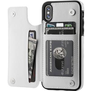 ONETOP iPhone Xs iPhone X Wallet Case with Card Holder,OT Premium PU Leather Kickstand Card Slots Case,Double Magnetic Clasp and Durable Shockproof Cover (White)
