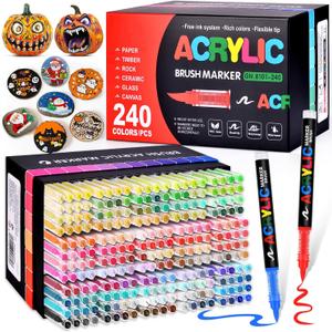 Acrylic Paint Markers Brush Tip 240 Colors, Direct-Liquid Ink Control System, Water-Based No-Bleed Premium Acrylic Paint Pens for School Art, Rock, Fabric, Wood, DIY Crafts (Includes Replacement Nibs)