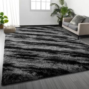 Deerhoo Large Shag Area Rugs 9 x 12, Tie-Dyed Plush Fuzzy Rugs for Living Room, Ultra Soft Fluffy Furry Rugs for Bedroom, Anti-Skid Indoor Carpet Nursery Rugs for Kids Room Home Decor, Black Grey