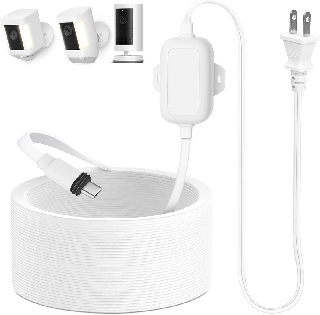 30ft Power Adapter Compatible with Spotlight Cam Plus/Pro (Battery), Long Flat and Weather Resistant Extension Power Cord for Security Camera, White