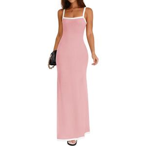 ZESICA Women's 2025 Summer Spaghetti Straps Maxi Dress Sleeveless Square Neck Lightweight Long Beach Dresses (Medium, Pink)
