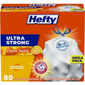 Hefty Ultra Strong 13 Gallon Trash Bags, Tall Kitchen Trash Bags 13 Gallon Size, Drawstring Closure, Continuous Odor Control, White, Citrus Twist Scent, 80 Bags