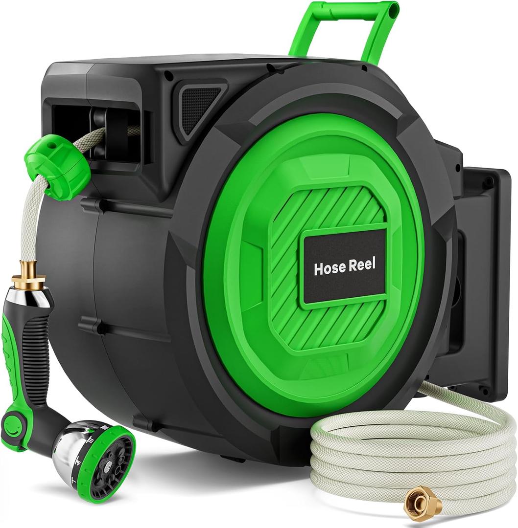 Retractable Garden Hose Reel, 5/8 in x 100 ft Heavy Duty Wall-Mounted Hose Reel with 180 Swivel Bracket, 10-Pattern Nozzle, Automatic Slow Return System, Any Length Lock for outside Watering,Cleaning