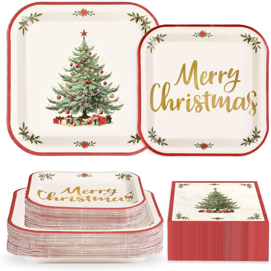 Grencian 200Pcs Christmas Party Decorations Christmas Tree Red Border Plates and Napkins Vintage Xmas Tree Tableware Sets for Xmas Winter Holiday Dinner Party Supplies Serves 50