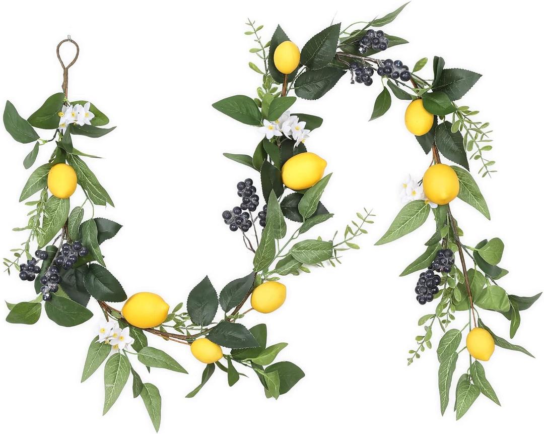 6 FT Artificial Lemon Garland for Front Door, Spring Garland with Lemons White Flowers Blueberry & Green Leaves Summer Fruit Garland for Mantel Fireplace Table, Wedding Home Party Decor