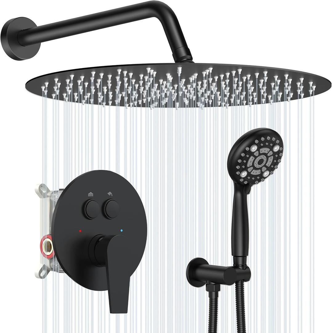 SR SUN RISE Shower System, 10 inch Multifunction Shower Faucet Set, 6 Setting High Pressure Handheld Rain Shower Head Kits, Valve Included - Push Button Diverter,Stainless Steel,Matte Black