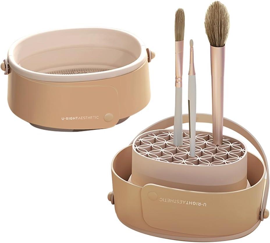 Foldable silicone makeup brush cleaning bowl, makeup tool cleaning bowl, makeup brush cleaning tool storage and drying rack(purple) (khaki)