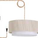 18” Plug in Pendant Light, Large Rattan Plug in Chandelier with 15.7FT Light Cord, Hanging Lamp with Handwoven Cotton Rope Lampshade for Living Room Dining Room Kitchen