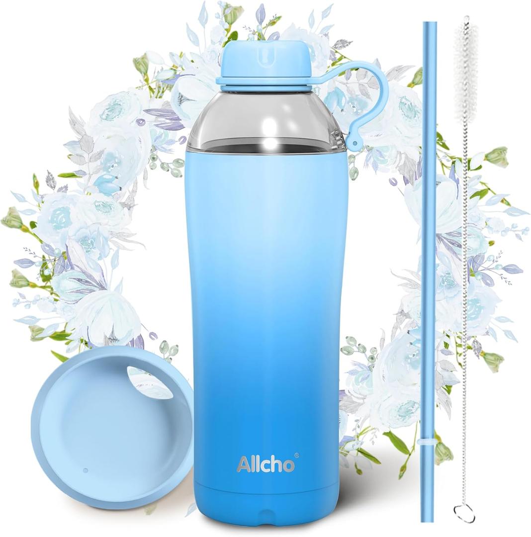 Insulated Water Bottle for Women, 18 oz Stainless Steel Water Bottles, Double Walled, 2 Lids (Chug & Tumbler) - Hydrate & Caffeinate, Gifts (Ocean Blue)