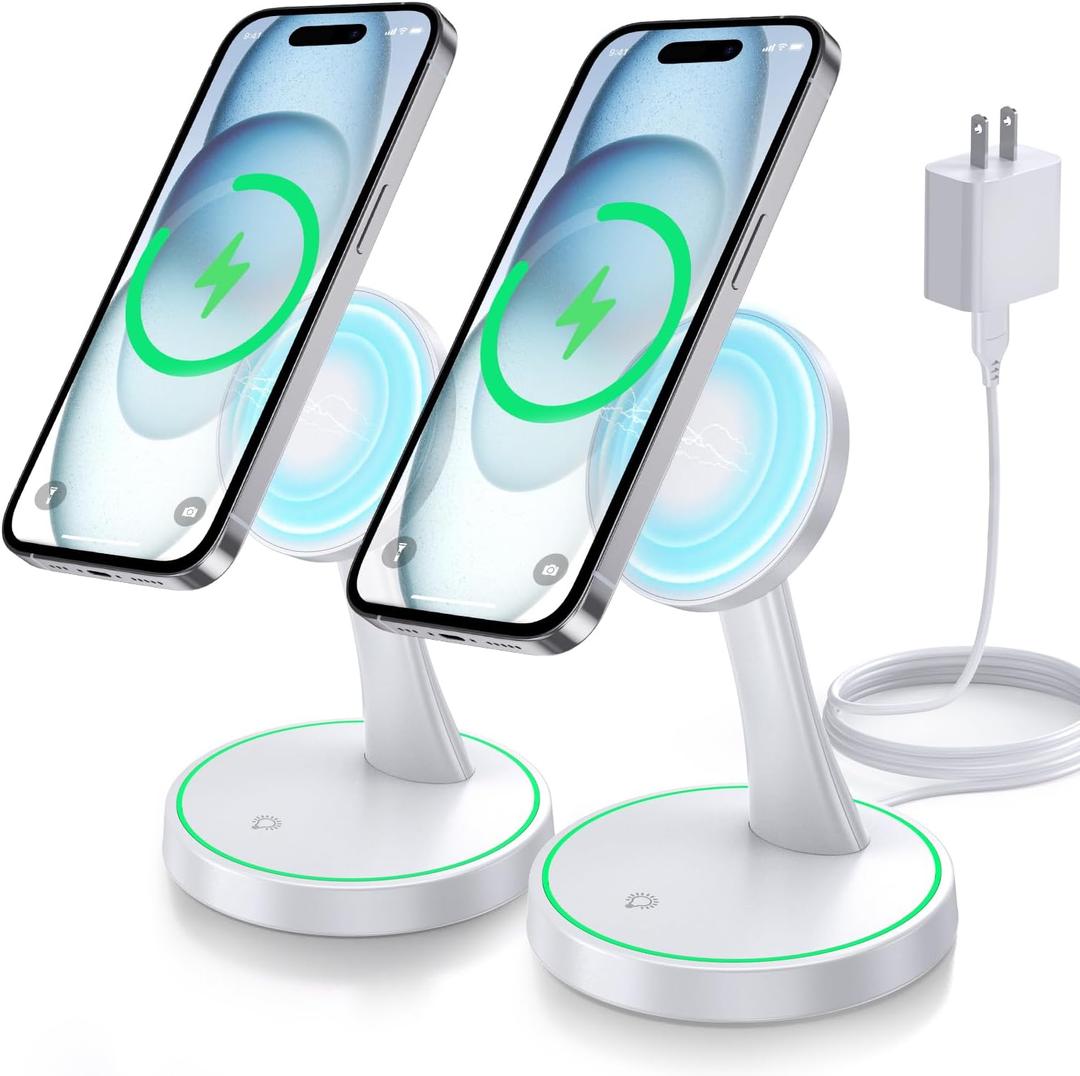 2 Pack Magnetic Wireless Charger Stand 15W Fast Mag-Safe Charger for iPhone iPhone 17 /17 pro/ 17 Air/ 17 pro max 16/15/14/13/12 Series Magnet Wireless Charging Station with Light for AirPods