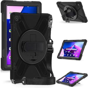 Rugged Case for Lenovo-Tab-M10 (3rd Gen) 10.1" 2022 w/Stylus Holder & 360 Rotating Kickstand, Heavy Duty Hybrid Shock-Proof Cover with Hand/Shoulder Strap TB-328FU/TB-328XU(Black)