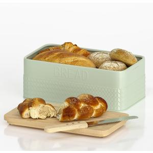 Bread Box for Kitchen Countertop - Metal Bread Storage with Bamboo Cutting Board Lid & Bread Knife, Corner Bread Container for Homemade Bread and Toast, Green