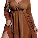 IN'VOLAND Plus Size Womens Glitter Dress V Neck Long Sleeve Ruffle Hem Swing Club Cocktail Party Dresses