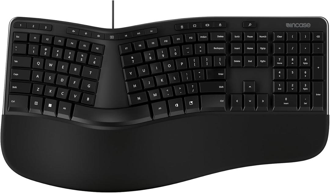 Incase Ergonomic Keyboard  Designed by Microsoft  Refined Ergonomic Design, Built-in Shortcuts Keys, Layered Palm Rest for Elevated Wrist Support, Integrated Number Pad  Black