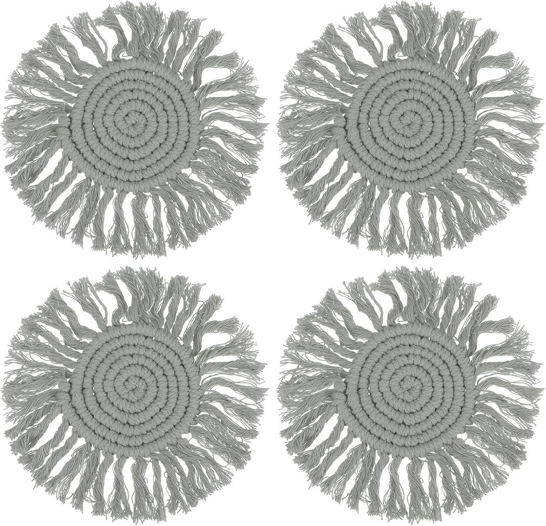 uxcell 4Pcs Boho Coasters, Round Handmade Woven Absorbent Coasters with Tassel Farmhouse Cup Mat Table Protection for Coffee Drink Mug Home Office Decor Housewarming Gift, Gray