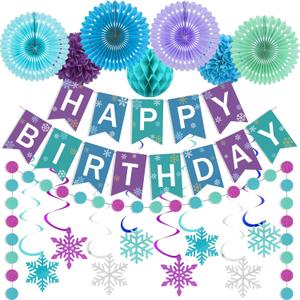 17 Pcs Winter Wonderland Decorations Kit, Blue Purple Teal Hanging Snowflake Ornaments, Happy Birthday Banner, Paper Fans, Pompoms Set for Girls 1st 2nd 3rd 4th 5th Frozen Themed Birthday Supplies