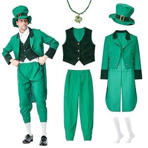 Kelpatol Men St Patricks Day Costume 6PCS Lepprechanu Costume for Adults Green Irish Outfit with Hat Necklace, Glasses, Socks (Medium)