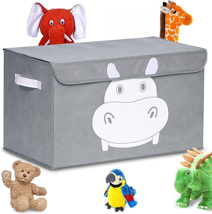 QUOKKA Hippo Toy Storage Box for Boys and Girls - 16x12x10 Toy Chest Organizer for Kids - | Collapsible | Handles | Flip-Top Lids | - Fabric Foldable Bin for Playroom - Nursery Room Organization