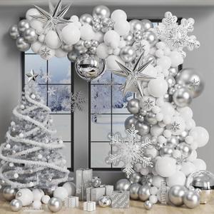 White Snowflake Balloon Garland Arch kit-Snowflake Balloon with Silver White Latex Balloons set for Winter Wonderland Holiday Christmas Baby Shower Snow Princess Birthday Party Decorations