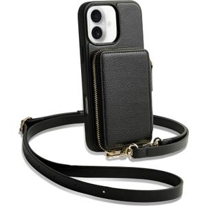 ZVE for iPhone 16 Case Wallet with Card Holder, RFID Blocking Zipper Phone Purse with Adjustable Crossbody Strap and Wrist Strap for iPhone 16 6.1", Black