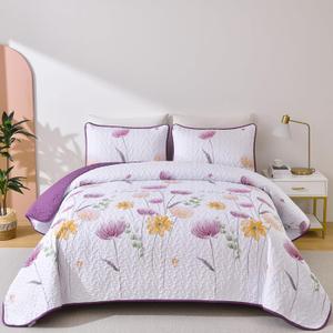 King Size Quilt Set Floral,3 Pieces Purple Yellow Quilts Bedding Set Flower Bedspreads Bed Cover Lightweight Spring Quilt Cute Botanical Coverlet Sets for King Bed (90"x104") (Purple and Yellow)