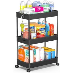 SPACEKEEPER Rolling Storage Cart 3 Tier Bathroom Cart Organizers with Wheels Laundry Room Organization Mobile Shelving Unit Utility Cart Storage Shelves Multi-Functional for Office, Home, Black