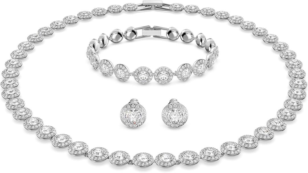 Swarovski Crystal Authentic Angelic All Around Set of Necklace, Bracelet and Earrings, White, Rhodium Finish- Women's Hypoallergenic Sparkling Jewelries - Nickel Free Crystal Jewelry Collection