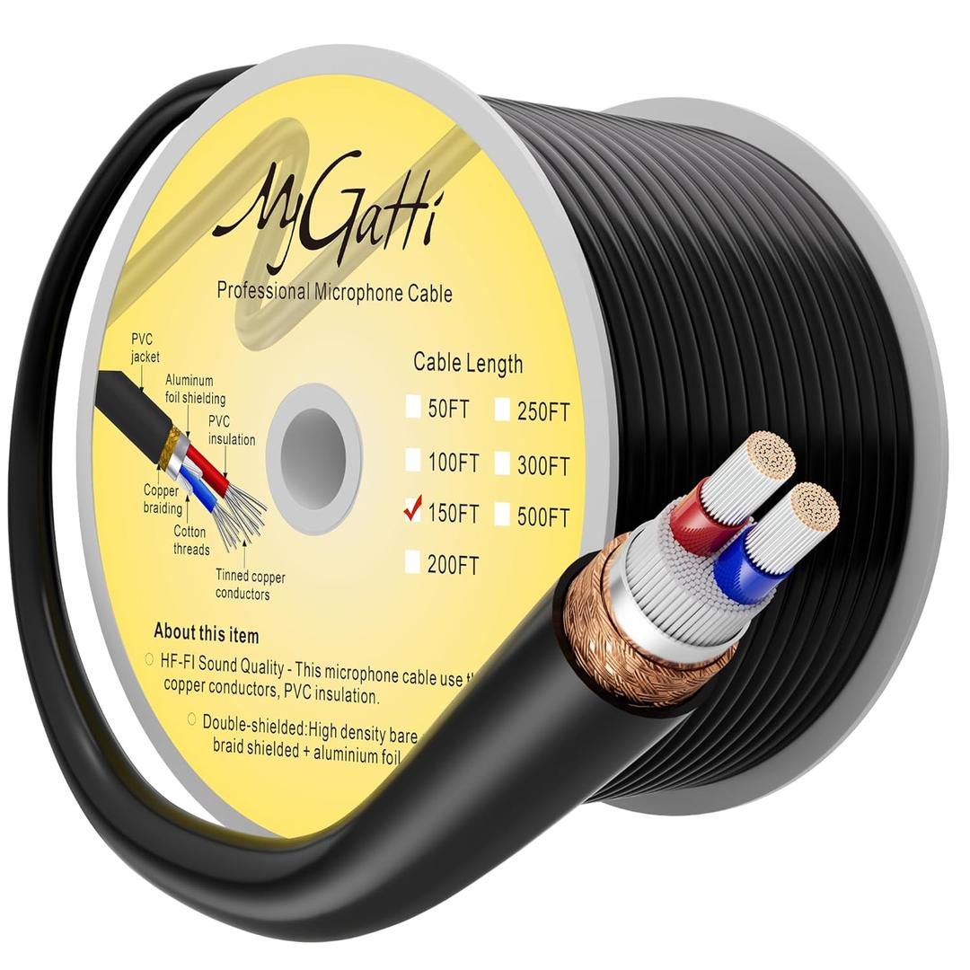 Bulk XLR Microphone Cable 150 Feet, Raw DIY Mic Spool Wire, 21 Gauge Audio Cable, OFC, 21AWG Tinned Copper 2-Conductor, Heavy-Duty, Spiral Copper Braided Shielding, Compatible with 3-Pin XLR Connector (150FT)