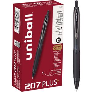 uniball 207 Plus+ Retractable Gel Pens, Micro Point (0.5mm), Black, 12 Pack
