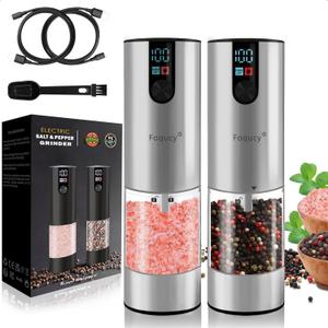 Electric Salt and Pepper Grinder Set - Upgraded Larger Capacity, with display screen and LED lights, USB Rechargeable, Adjustable Coarseness, 2 Pack(silver)