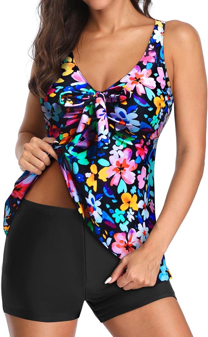 Yonique Women 2 Piece Flowy Tankini Swimsuits with Boyshorts V Neck Swim Tank Tops Bathing Suits Modest Swimwear (X-Large, Colorful Floral-1)