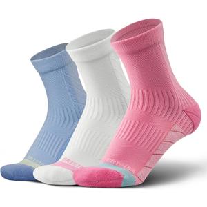 BRISIRA Coolmax Bamboo Viscose Running Compression Quarter Socks Women Moisture Wicking Anti Blister Athletic Ankle Cushion (10-13, White + Pink + Blue 3 Pairs)