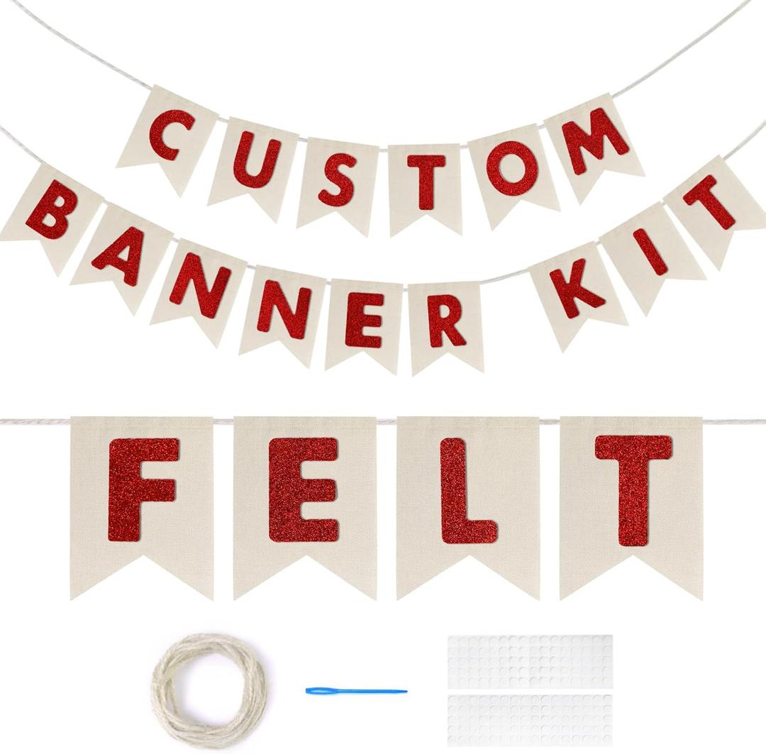 Custom Banner Kit, 28 Burlap Banner with 92 Felt Letters, Make Your Own Diy Customizable Kit for Birthday Wedding Party Decorations (White+red gold)
