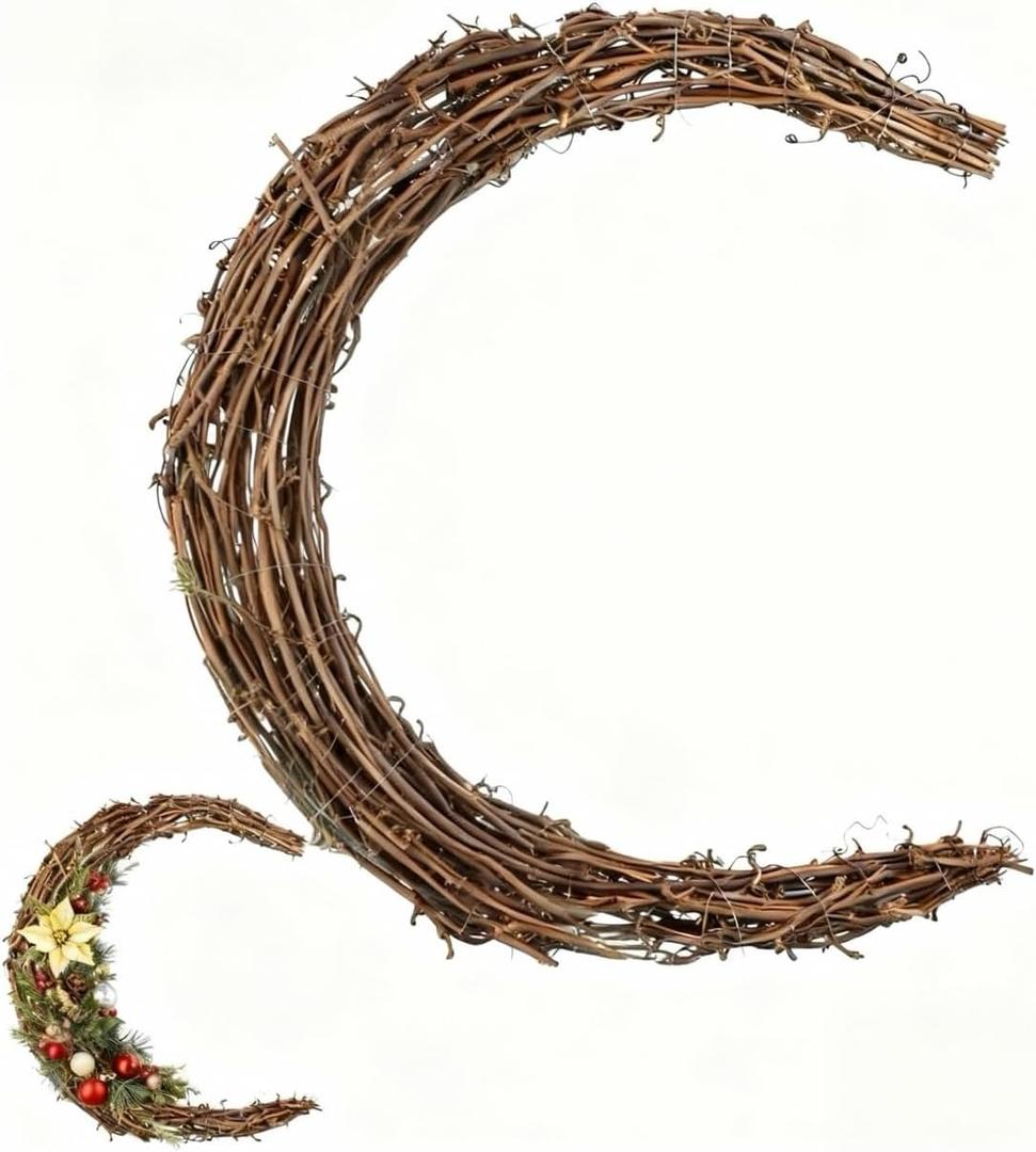 DOITOOL Moon Wreath, Vintage Crescent Moon Natural Grapevine Wreaths Base Front Door Wall Hanging Decor Christmas Wedding Party Supplies - 11.79 Inch