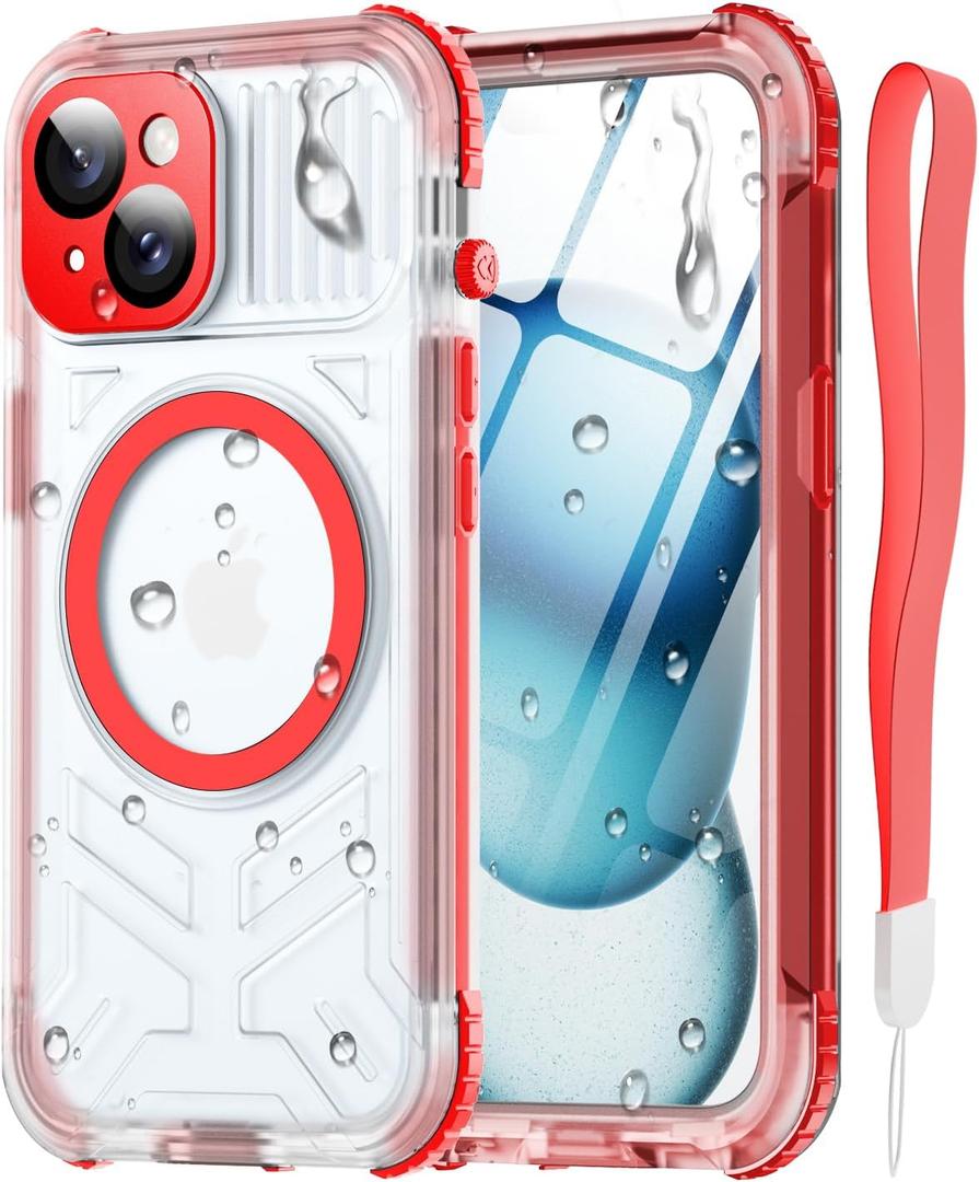 for iPhone 15 Waterproof Case with Magsafe, Screen Protector, Lanyard, IP68 Military Full Body Shockproof, for Water Sports Outdoor Work, Funda para 15 Impermeable, 6.1" Red