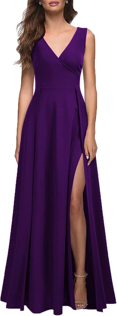MUSHARE Women's V Neck Sleeveless Split Formal Dress Cocktail Party Prom Long Dresses (Medium, Purple)