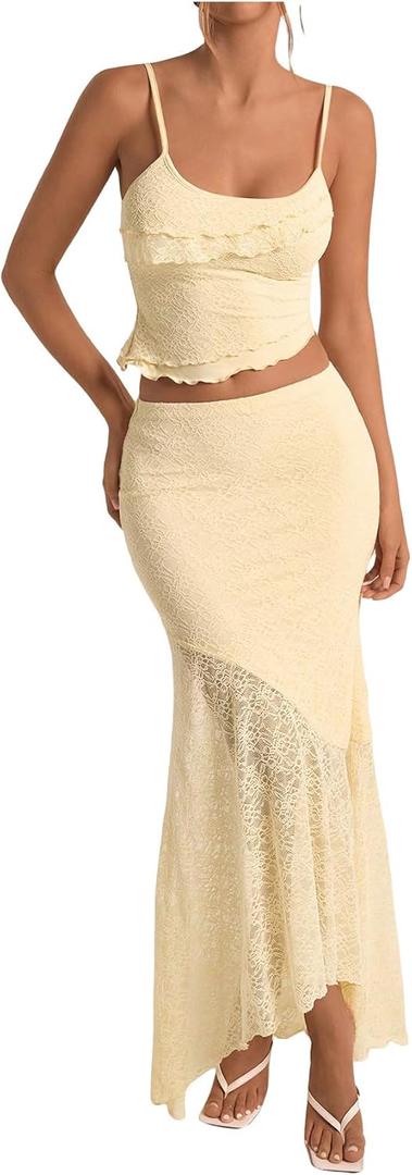 Milumia Women's 2 Piece Summer Vacation Outfits Maxi Skirt and Top Set (Yellow, XS)
