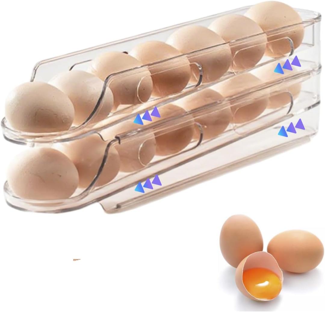 Egg Holder for Fridge,Stackable 1-4 Tiers Container,Auto Rolling Fridge Organizer for Refrigerator,Space-Saving Dispenser Holder,Refrigerator Egg Rack Transparent (2 Packs)