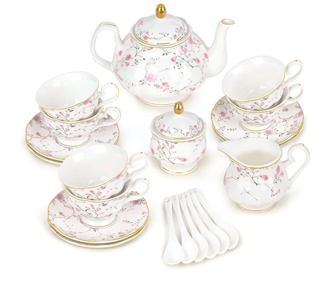fanquare 21-Piece Gold Vine Floral Porcelain Tea Sets with Sugar Bowl Creamer Teacups, English Bone China Tea Service for Women TeaParty Family Gathering Home Décor
