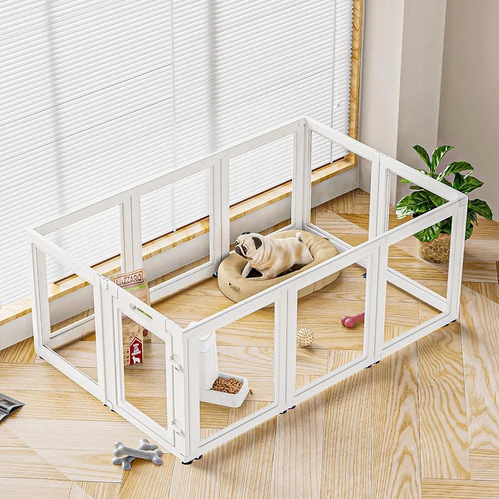 Optimus Dog Playpen Transparent Easy Assemble & Disassemble Indoor Clear Dog Pen, Sturdy & Easy Cleaning Plastic Dog Puppy Fence with Fence-to-Wall Anchor & Suction Cup (White, 24' Tall, 10-Panels)