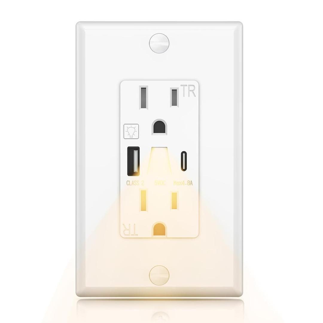 USB Outlet with Night Light,15 Amp Wall Outlets with Nightlight, 5V 4.8A Tamper-Resistant Electrical Receptacle with Type A & Type C Ports, Wallplate Included, ETL Listed(Warm White LED, 2-Packs)