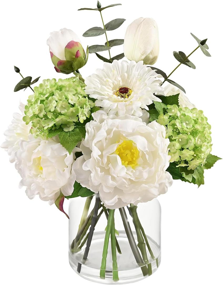 Livole Artificial Fake Flowers with Vase & Faux Water Real Touch White Faux Flowers Arrangements in Glass Vase Centerpiece Table Decorations for Dining Room Home Office Shelf Wedding Decor
