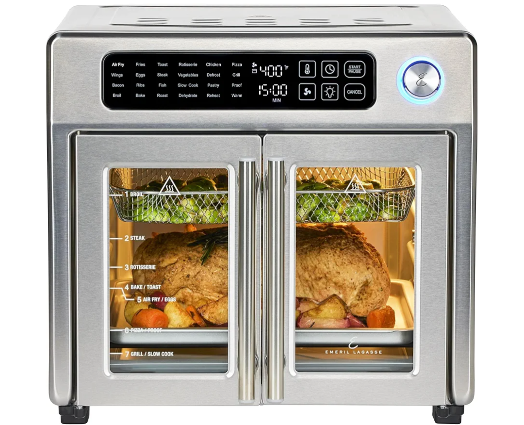 Emeril Lagasse Extra Large French Door Air Fryer Toaster Oven Combo, 24 Cooking Functions and Digital Controls, 7 Accessories Included, Stainless Steel Finish, 26QT Capacity