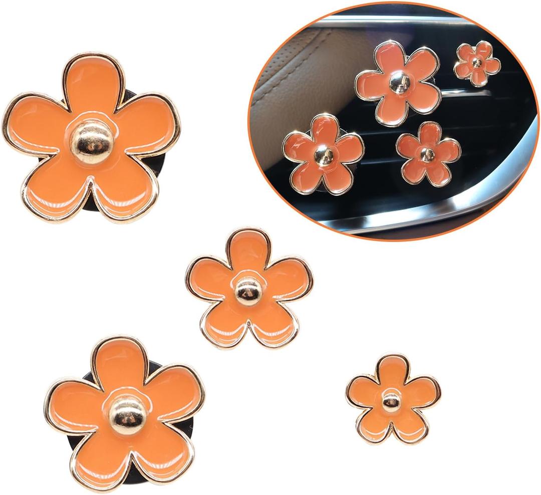 Orange Car Accessories,4pcs Coral Flowers Air Vent Clips,Refillable Car Air freshener,Girly 4 Size Sparkle Daisy Vent Clips