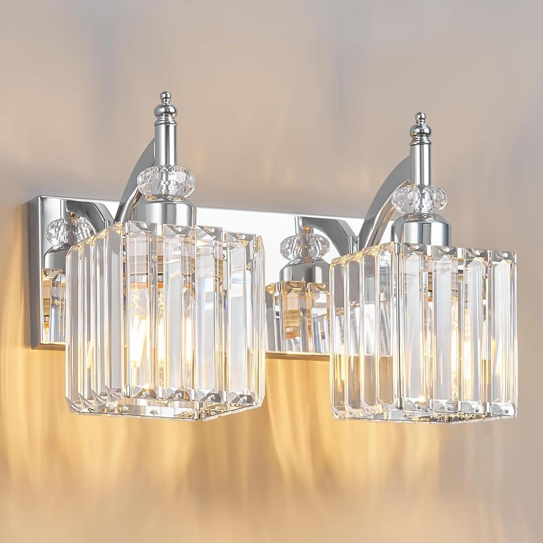 Modern Bathroom Vanity Light 2-Light Chrome Crystal Light Fixtures Over Mirror for Bathroom Wall Sconce