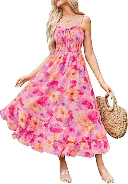 GRACE KARIN Women's 2026 Summer Floral Boho Dress Square Neck Strapped Swing A Line Sundress Beach Long Maxi Outfits Large