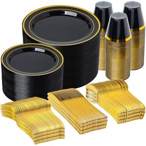 N9R 600PCS Black and Gold Plastic Dinnerware Set, Disposable Plastic Plates Includes 100 Dinner Plates, Dessert Plate, Cups, Spoons, Forks, Knives for 100 Guests, Perfect for Party, Wedding, Birthday