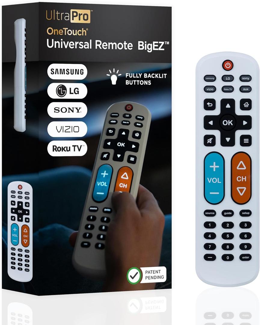 UltraPro BigEZ OneTouch Big Button Universal TV Remote for Seniors, Easy to Use, Replacement Remote for Samsung, LG, Sony, Vizio, Roku TV, Streaming Players, Backlit Buttons, 2 Device, White, 85053