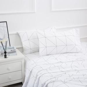 Bed Sheet Set 4 Pieces -Queen Size-Soft Durable Microfiber Bedding Sheet Set,Deep Pocket,Stain,Fade & Wrinkle Resistant(Geometric White)