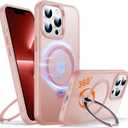 360 O-Ring MagStander for iPhone 13 Pro Case with Magnetic Kickstand Ring Holder [Compatible with MagSafe][360Rotate Stand Ring][Military Shockproof] iPhone 13 Pro Phone Cover Matte Pink